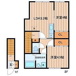 リヴェール台原III 2LDKの間取図画像