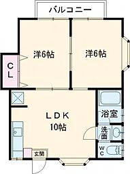権常寺ハイツA 2LDKの間取図画像