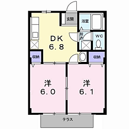 サンヒルナガヒロ2 2DKの間取図画像