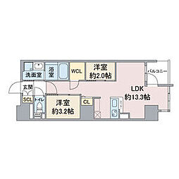(仮称)スリーアイランドタワー泉高岳 2LDKの間取図画像