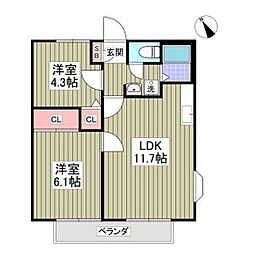 晃伸ハイツ佐野D 2LDKの間取図画像
