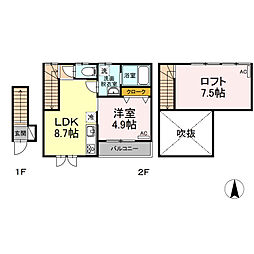 JR東北本線 名取駅 徒歩4分の賃貸アパート 2階1LDKの間取り