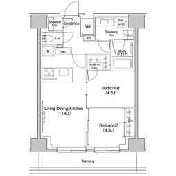 ザ・パークハビオ入谷 14階2LDKの間取り