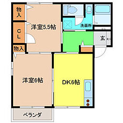 ディアコート　Ａ棟 2階2DKの間取り