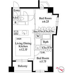 東急東横線 都立大学駅 徒歩9分の賃貸マンション 8階2LDKの間取り