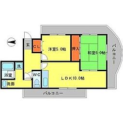 山田マンションビューテラス 2LDKの間取図画像