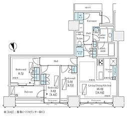 都営大江戸線 麻布十番駅 徒歩5分の賃貸マンション 8階3LDKの間取り