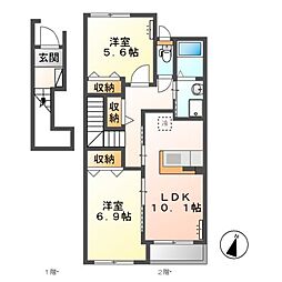高尾崎 NEW TOWN　La・Ｔｅｒｒｅ　C 2階2LDKの間取り