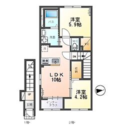 仮）大塚町新築アパートＢ棟 2階2LDKの間取り