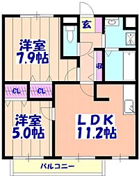 Ｈｉｌｌｓ’Ｋ 1階2LDKの間取り