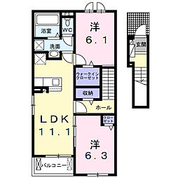 名鉄尾西線 観音寺駅 徒歩21分の賃貸アパート 2階2LDKの間取り