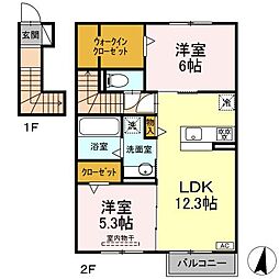 JR東海道本線 西岐阜駅 徒歩17分の賃貸アパート 2階2LDKの間取り