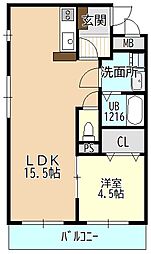 アネーロ城山 1階1LDKの間取り