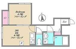 ＨＡＧＡＫＵＲＥ 2階1DKの間取り