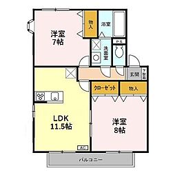 埼玉新都市交通 伊奈中央駅 徒歩2分の賃貸アパート 2階2LDKの間取り