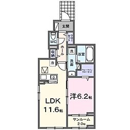 ハピネスI番館 1階1LDKの間取り