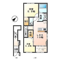 関東鉄道常総線 稲戸井駅 徒歩3分の賃貸アパート 2階2LDKの間取り