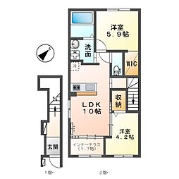 関東鉄道常総線 稲戸井駅 徒歩3分の賃貸アパート 2階2LDKの間取り