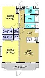 湘南新宿ライン宇須 小山駅 徒歩24分の賃貸マンション 3階2LDKの間取り