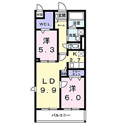 京都市営烏丸線 松ヶ崎駅 徒歩14分の賃貸マンション 1階2LDKの間取り