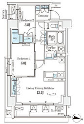 東京メトロ南北線 志茂駅 徒歩10分の賃貸マンション 2階2LDKの間取り
