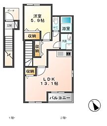 関東鉄道常総線 黒子駅 6.9kmの賃貸アパート 2階1LDKの間取り