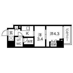 東急池上線 蓮沼駅 徒歩4分の賃貸マンション 14階2Kの間取り