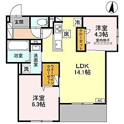 めぞん西田中 1階2LDKの間取り