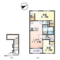 名鉄尾西線 日比野駅 徒歩14分の賃貸アパート 2階2LDKの間取り