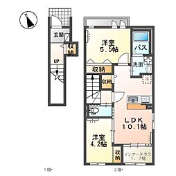 JR常磐線 荒川沖駅 4.6kmの賃貸アパート 2階2LDKの間取り