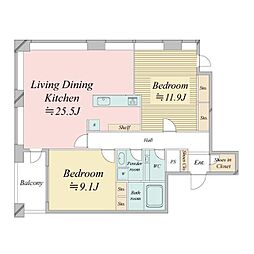 都営大江戸線 麻布十番駅 徒歩3分の賃貸マンション 20階2LDKの間取り