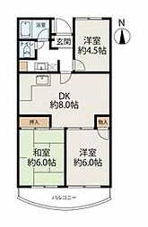 京王線 百草園駅 徒歩7分の賃貸マンション 3階3DKの間取り