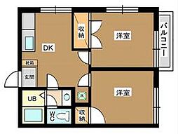 南馬込富士ヶ丘 2階2DKの間取り