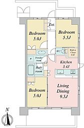 JR中央線 武蔵境駅 徒歩4分の賃貸マンション 5階3LDKの間取り