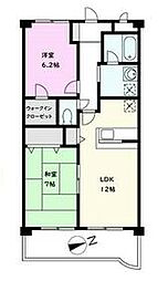 東武野田線 豊四季駅 徒歩16分の賃貸マンション 2階2LDKの間取り