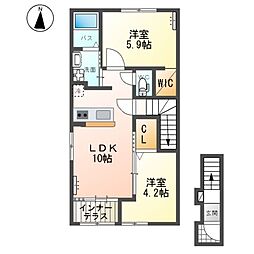 JR常磐線 常陸多賀駅 徒歩19分の賃貸アパート 2階2LDKの間取り