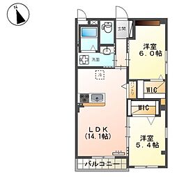 西鉄貝塚線 西鉄新宮駅 徒歩14分の賃貸マンション 5階2LDKの間取り