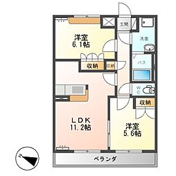 JR常磐線 牛久駅 5.1kmの賃貸アパート 1階2LDKの間取り
