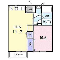 レイクヒルズＢ 2階1LDKの間取り
