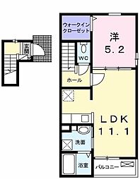 キャッスル玉川学園 2階1LDKの間取り