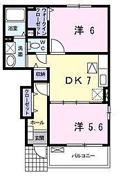 フォンテーヌVIII 1階2DKの間取り