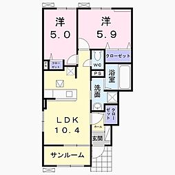 ファミールリュウガミ 1階2LDKの間取り