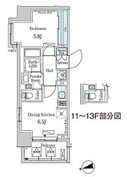 東京メトロ東西線 門前仲町駅 徒歩5分の賃貸マンション 11階1DKの間取り
