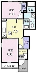 カーサフィオーレII 1階2DKの間取り