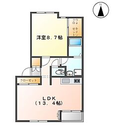 ノーブルハイツII 2階1LDKの間取り