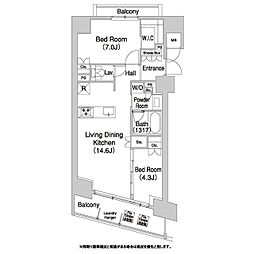 JR山手線 田町駅 徒歩12分の賃貸マンション 7階2LDKの間取り