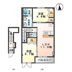 レピュート南 2階2LDKの間取り