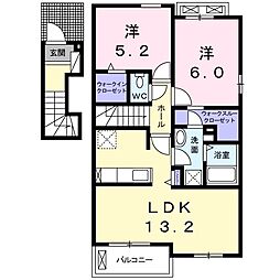 関東鉄道常総線 大宝駅 徒歩22分の賃貸アパート 2階2LDKの間取り
