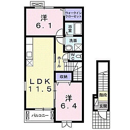 関東鉄道常総線 小絹駅 徒歩16分の賃貸アパート 2階2LDKの間取り