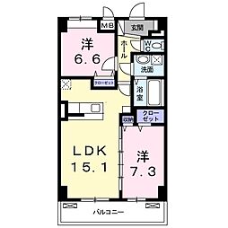 近鉄京都線 新田辺駅 徒歩10分の賃貸マンション 2階2LDKの間取り